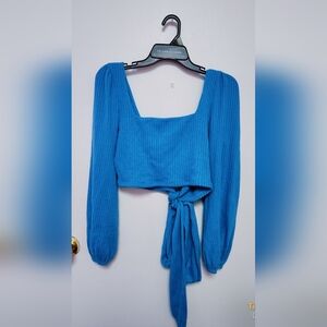 Fashion Nova Blue Ribbed Tie-Front Crop Top